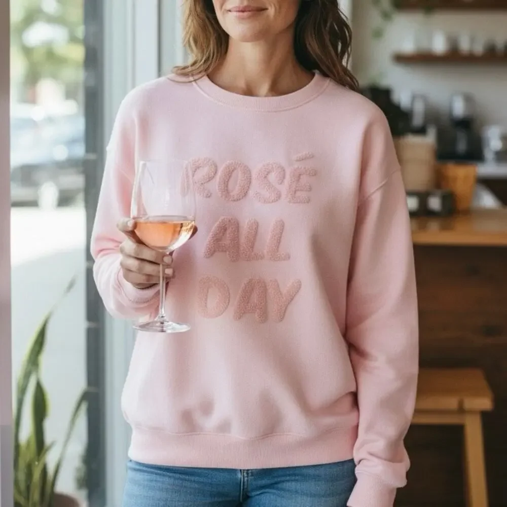 Green Tea Rosé All Day Pink Graphic Sweatshirt Large L Pullover Crewneck Fuzzy - Picture 3 of 9